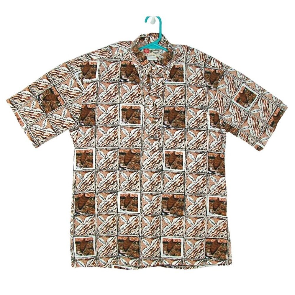 Hilo Hattie Hawaiian Original Mens M Brown Button Down Shirt Tropical Pockets